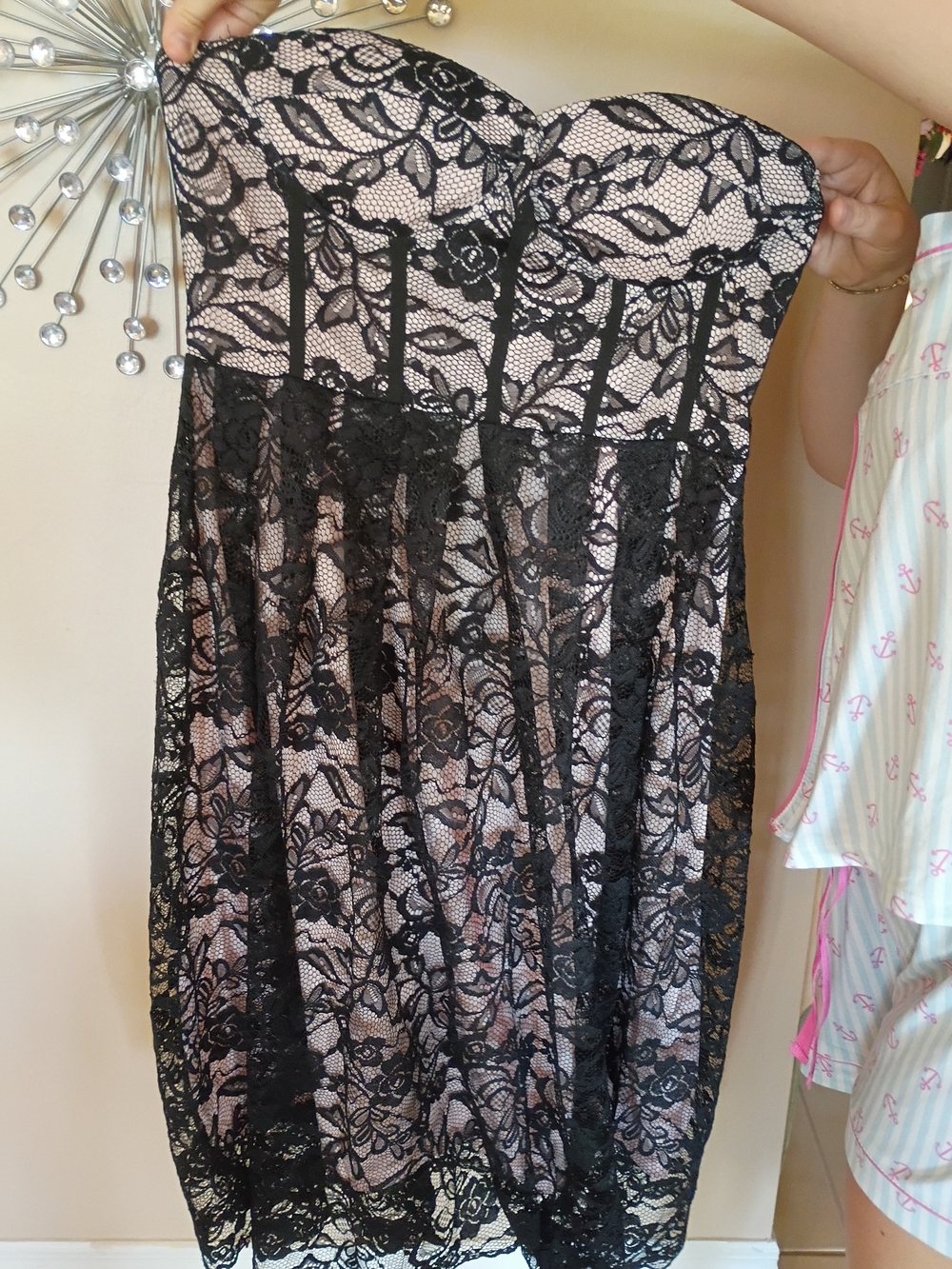 Womans Sexy Holiday chic Strapless Black Lace Dress with Blush Lining
